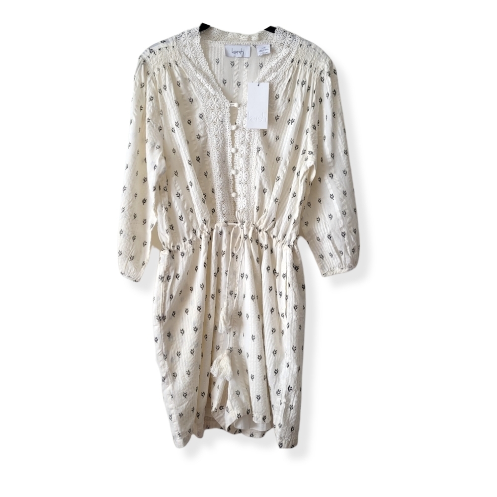 NWT Kersh Boho Embroidered Button Crop Sleeve Seersucker Peasant Romper Size L